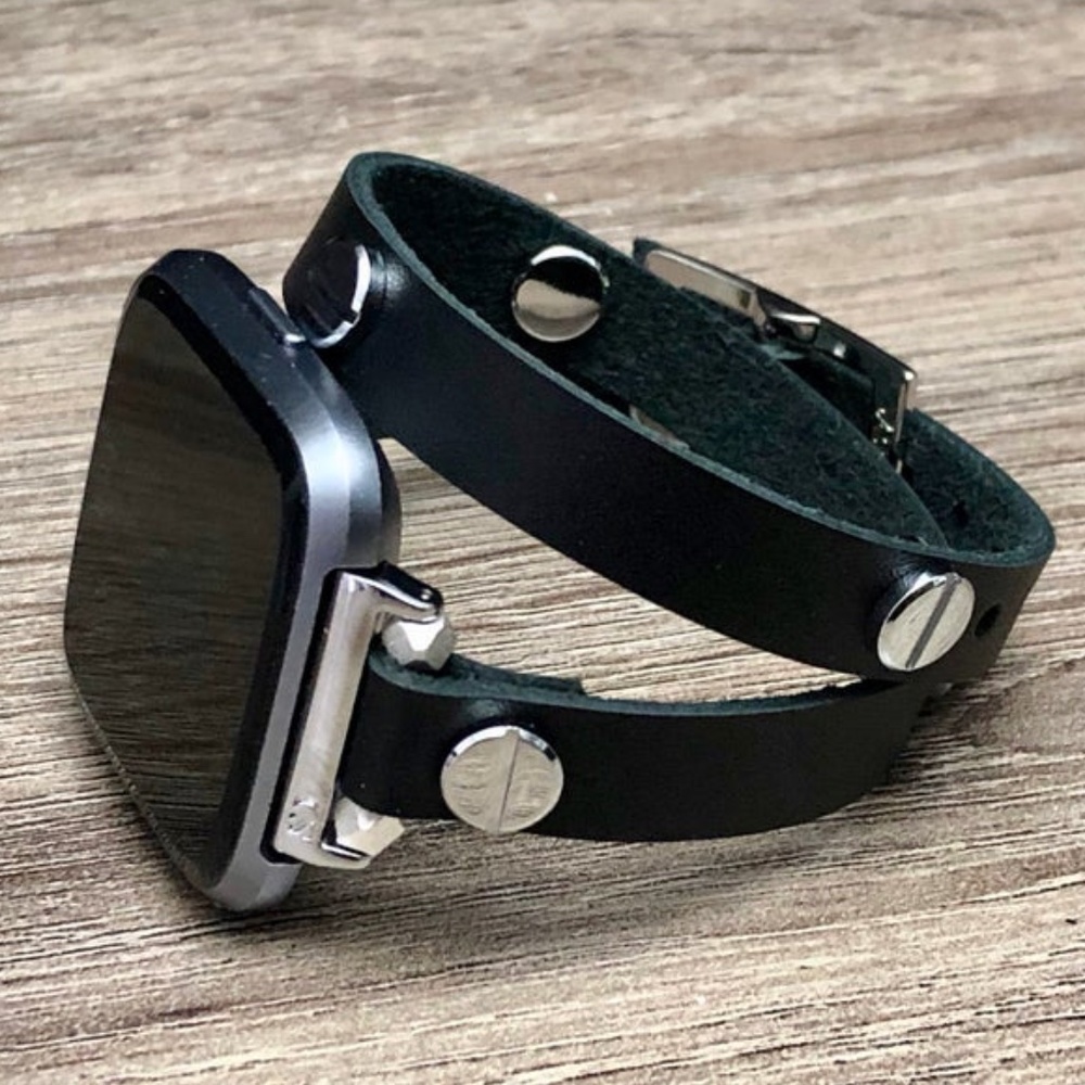Black Leather Double Wrap Strap for Fitbit Versa 2